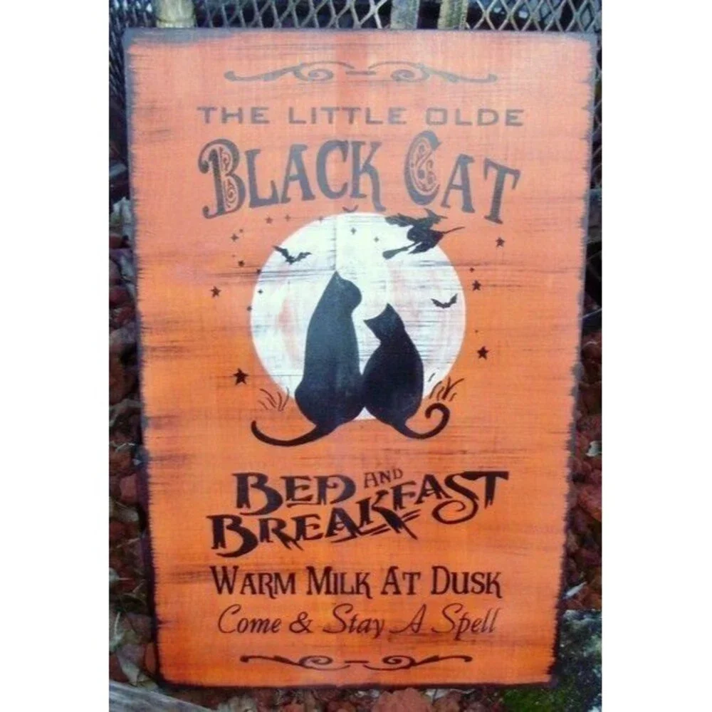 Witchcraft Primitive Witch Sign Black Cats Bed Breakfast Halloween Fall Decor
